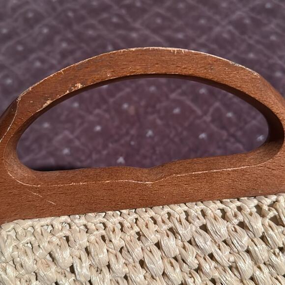 Vintage Raffia Beige Ivory wood frame clutch purse handbag - Picture 3 of 4